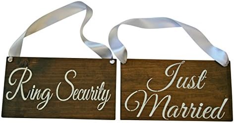 REVERSIBLE Ring Security Sign DOUBLE SIDED Just Married Rustic Wedding Wood Sign Wooden Signs (Dark Walnut / White Ribbon)