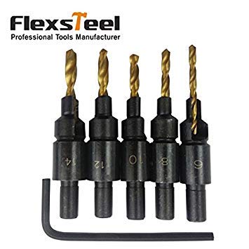 Generic Flexsteel 5pcs Woodworking Counter Bit Drill Bit Set Wood Countersinks with Hex Wch Screw Size #6#8#10#12#14