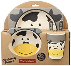 5 PC SET - Super Cute Animal Theme Kids Dinnerware Set - Eco-Friendly Bamboo - BPA Free (Multiple Designs) (Cow)