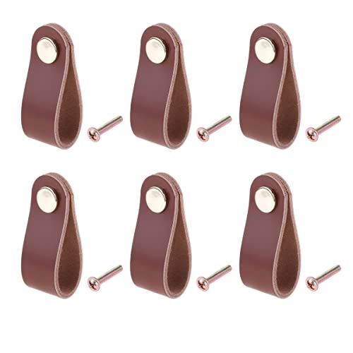 SAUYRASY Leather Dresser Knobs,6 Pack Knobs for Dresser Drawers, Leather Drawer Pulls for Cabinet, Doors and Drawers (Brown)
