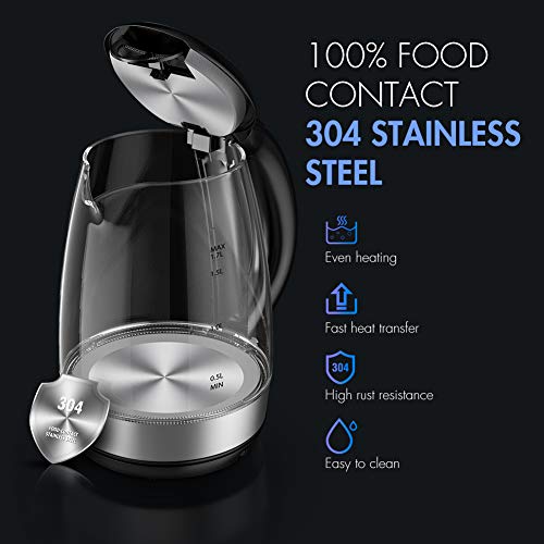 Electric Kettle 1.7L, NOVETE 1500W Glass Electric Tea Kettle, BPA-Free & 304 Stainless Steel Hot Water Kettle Heater With LED Indicator Light, Auto Shut-Off & Boil-Dry Protection, Fast Boiling Kettle (Black) - Thumbnail 2