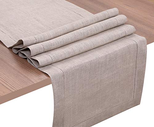 Ramanta Home 100% Linen Table Runner 14x108 Tailored with Mitered Corner & Hand Crafted with Hemstitch Detailing - Natural (1Pack) - Thumbnail 4