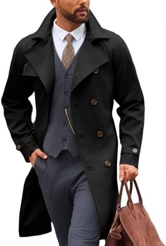 WSLCN Mens Winter Trench Coat Long Jacket Double Breasted Overcoat