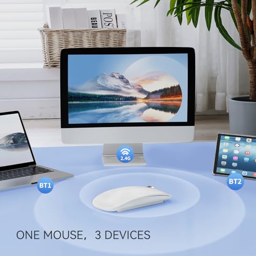 Uiosmuph U30 Bluetooth Mouse, Three Modes Wireless Mouse (BT5.1+ BT5.1+ USB) Bluetooth Silent Rechargeable Portable Mouse for Mac/Computer/Android, White