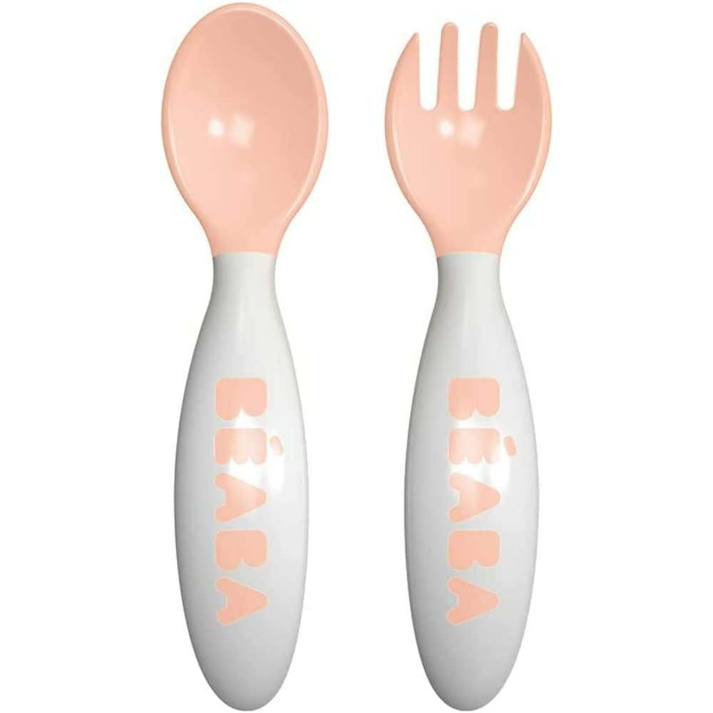 Béaba - Set of 2nd Age Training Fork and Spoon Nude - Ergonomique Shape - Suitable for Left-Handed and Right-Handed - Transport Case Included - Pink