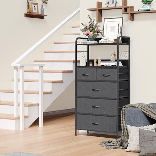 Garvee 5-Drawer Fabric Dresser, Tall Storage Organizer with Metal Frame & Wood Top, Easy Pull Handle Modern Chest of Drawers for Bedroom Hallway Entryway Closet