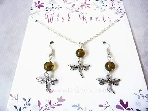 Dragonfly & Amber Necklace & Earrings Set. Genuine Amber. Outlander Gift Set. Silver Plated.