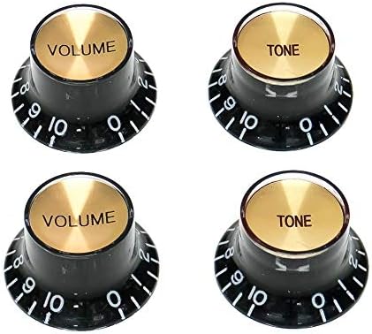 4 x Top Hat Volume & Tone Knobs Black/Gold for Alpha Pots (Epiphone)