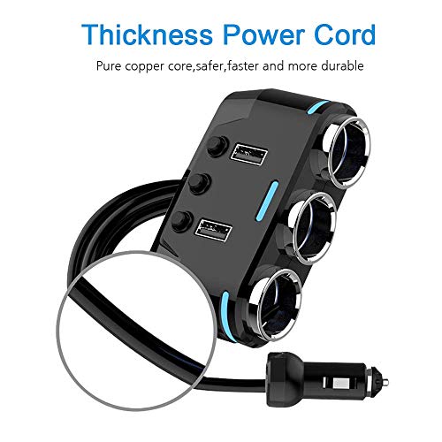 ODOMY 12V/24V Car Cigarette Lighter Adapter 100W 3 Socket Splitter with Dual USB Ports LED Voltage Monitor On/Off Switch for Phone GPS Dashcam Radar Detector