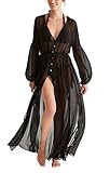 KingsCat Women's Long Beach Dress Cardigan Tops w/Swimsuit Cover-up, Black