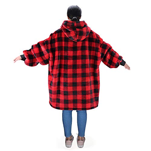 Oversized Blanket Sweatshirt, Super Soft Warm Cozy Wearable Sherpa Hoodie for Adults & Children, Reversible, Hood & Large Pocket, One Size, Red Plaid