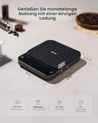 Digitale Kaffeewaage mit Timer, Wiederaufladbare 0,1g/3kg Präzise