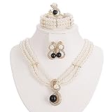 Gold Plated Luxury Crystal and White & Black Simulated-Pearl Beads Chains Necklaces Jewelry Set