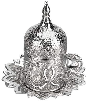 Ahsen Porcelain Silver Color Metal Turkish Coffe Cup Sets (6 Pieces)