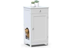 GiftGo Contemporary White Home Hidden Cat Litter Box Enclosure Wooden Cabinet Furniture Cat Washroom Nightstand Storage Drawer, Inner Shelf, Arched Doorways