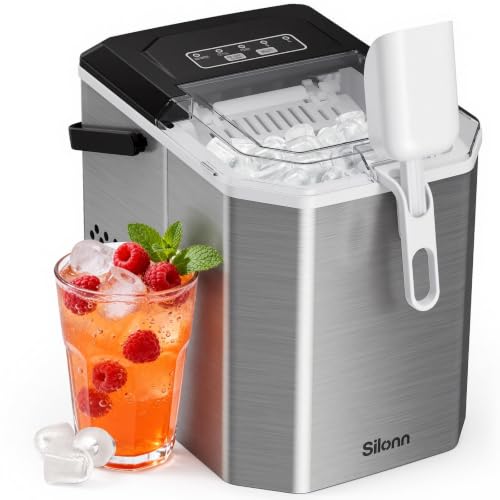 Silonn Eiswürfelmaschine mit Griff-Eiswürfelkorb – Tragbar & Selbstreinigend, Mini Ice Maker 9 Eiswürfel/6 Min. 12 KG/Tag, Eiswürfel einfach entnehmen