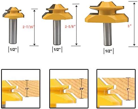 NxtopMiter 45 Degree Glue Joint Router Bits Router Bit Set 1/2" Shank CNC, end Mill, milling Tools 3Pcs