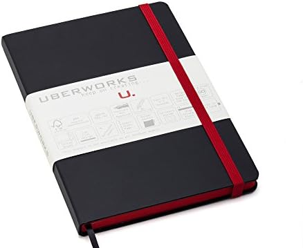 Premium UberWorks PROTOTYPES Notebook/Bullet Journal/Sketchbook, 192 Pages Plain Paper, Medium A5 Size, High-Strength Durable Black Hardcover With Unique Matching Red Elastic &amp; Paper Edge