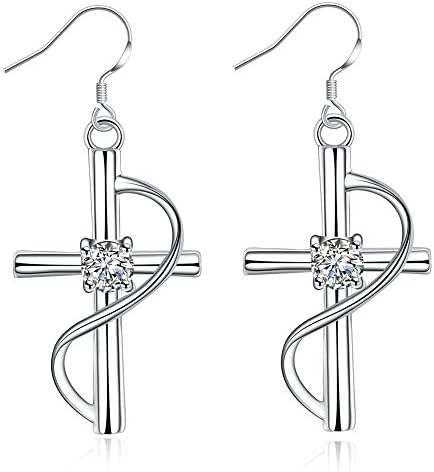 NA BEAUTY Silver Dangling Charm Cross Earrings With Cubic Zirconium In the Center, Music Line Around