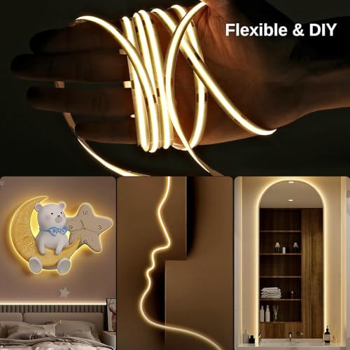Wefomey 20 m COB LED Strip, Warm White 3000 K Flexible Dimmable 24 V with Remote Control and Power Supply, CRI>90, Width 8 mm, 324 LEDs/M, Warm White LED Strip for Home, Bedroom, Mirror Decorate