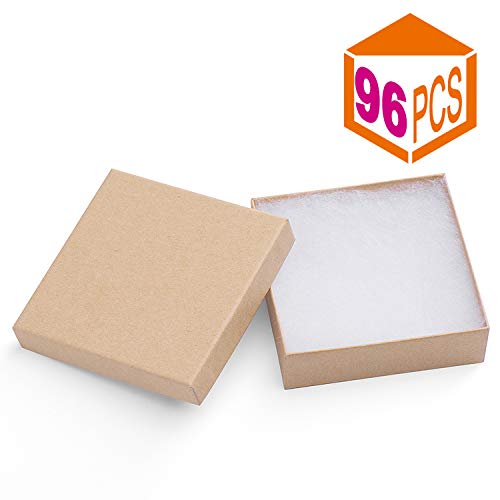 MESHA Jewelry Boxes 3.5x3.5x1 Inches Paper Gift Boxes Natural Cardboard Bracelet Boxes with Cotton Filled (Brown-96Pcs)