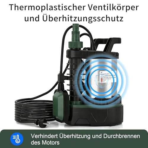 LANCHEZ Submersible pump 1000 W, 20,000 l/h flow rate, adjustable wastewater/clean water mode, delivery head 10.5 m, immersion depth 7 m, stainless steel, adjustable float switch, thermal protection