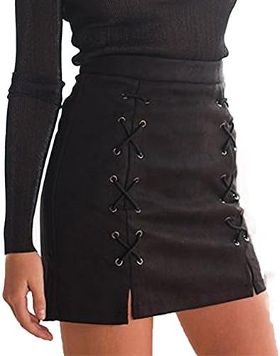 Rupfie Womens High Waist Lace Up Bodycon Faux Suede A Line Mini Pencil Skirt, Black, XL