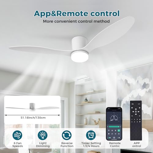 YrgePowk 130 cm Ceiling Fan with Light – 60 W Silent Fan with Remote Controls, 6 Speeds DC Reversible Timer Ceiling Fan for Kitchen, Living Room, Bedroom, Dining Room