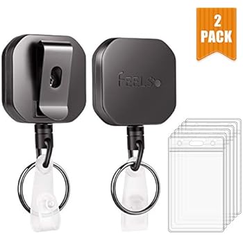 Badge Holder Reel Retractable, FEELSO Metal Heavy Duty Badge Holder with Belt Clip Key Ring and 6pcs Plastic ID Card Holders, Steel Wire Cord Up to 25 inch (2 Pack)