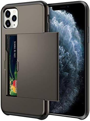 SAMONPOW Wallet Case for iPhone 11 Pro Case with Card Holder Dual Layer Hybrid Shell Heavy Duty Protection Shockproof Anti Scratch Soft Rubber Bumper Cover Case for iPhone 11 Pro 5.8 inch Gun Color