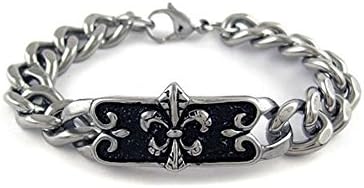 Mens Stainless Steel Heavy Link Id Cuban Curb Fleur De Lis Bracelet 8.5"