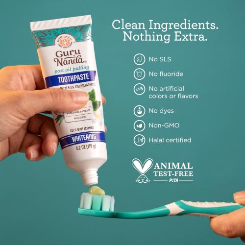 GuruNanda Hydroxyapatite Toothpaste for Whitening with Neem & Xylitol, SLS & Fluoride Free (4 Pack) - Freshens Breath, Fights Plaque - with 2 Toothbrushes, 2 Tongue Scrapers & 2 Tube Squeezers