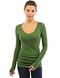 PattyBoutik Women's Raglan V Neck Ruched Sides Top (Medium Green S)