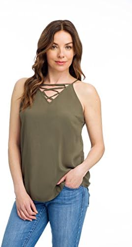Como Vintage Women’s Lattice V-Neck Spaghetti Strap Tank (Solid or Printed) - Olive Green, X-Large