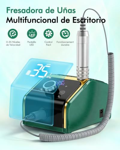CozyZen Professional Electric Nail Drill Machine, 35000RPM with LCD Display, Manual/Pedal Control and Quiet Operation, for Acrylic/Gel Nails - Home & Salon Use(Green)