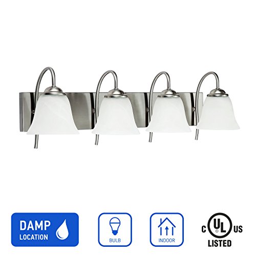 OSTWIN 4-Light Bath Bar Light Up or Down, Interior Bathroom Vanity Wall Lighting Fixture VF41, 4x60 Watt E26 Socket, Satin Nickel Finish with Alabaster Bell Glass Shade UL Listed - Thumbnail 2