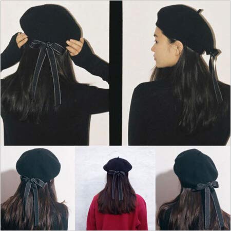 Blue Stones Women's Fashion Black Bow Berets Lace-up Bowknot Beret Hats French Style Woolen Hats Cap