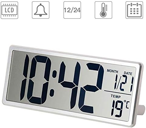 HEDDK LCD Digital Alarm Clock Large Wall Clock Displays Temperature And Calendar Desk Clock With Snooze Silent Electronic Clock Bedroom Living Room,Silver