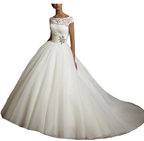 2018 Boat Neck Tulle Long Ivory Lace Wedding Dresses For Bride Cap Sleeves Maxi Gown(20W, Ivory)