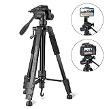 Tripod, Camera Tripod 59" Portable Phone Tripod with Phone Holder, Video Tripod Compatible for Canon Nikon Sony Olympus DV, 360 Panorama, 2.69Lb Lightweight Aluminum Alloy with Travel Bag, 11Lb Load