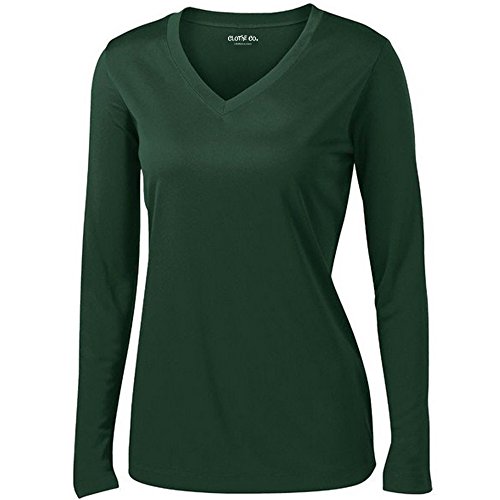 Clothe Co. Ladies Long Sleeve V Neck Moisture Wicking Athletic Shirt, Forest Green, L