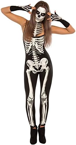 Women's Skeleton Halloween Costume Skeleton Jumpsuit Onesie (M (US 8-10), Black)