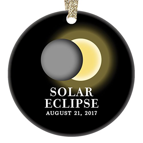 Solar Eclipse Ornament August 21 2017 North America Total Partial Sun Moon Totality Christmas Tree Gift Idea 3" Flat Circle Porcelain Ceramic Ornament Keepsake Present Gold Ribbon & Gift Box OR00323