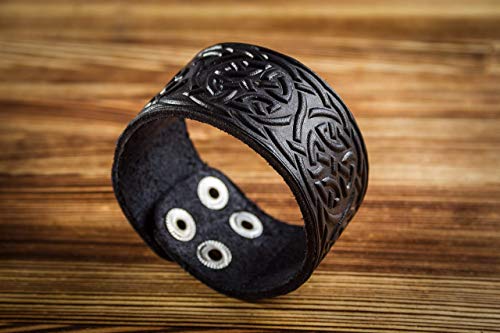 Real Leather Viking Tress Bracelet 6.3”- 7” Wrist Adjustable Black Cuff Wrap Punk Wristband Stylish Accessory Gift Box - Thumbnail 2
