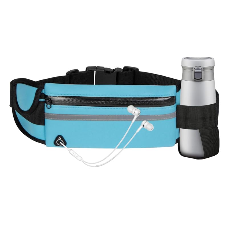 BSLVWG Adjustable Unisex Travel Running Belt Waterproof Waist Bag Bumbag with Headphone Hole Sweatproof Waistpacks with Large Capacity Phone Holder for Running Outdoors Sport Hiking Travel (Blue)