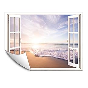Wall Murals for Bedroom Fake Window Beach White Window Removable Wallpaper Peel and Stick Wall Stickers - 24x32 inches