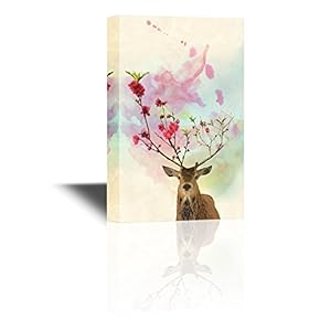 Canvas Wall Art - Deer with Flowers in Antlers - Gallery Wrap Modern Home Art | Ready to Hang - 12x18 inches