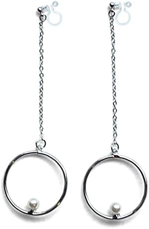 Long Dangle White Pearl On Hoop Silver tone Chain Minimalist Invisible Clip On Earrings for Women