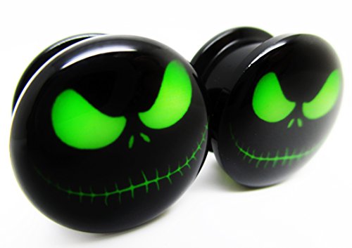 The Nightmare Before Christmas Ear Plugs - Acrylic Screw-On - New - 8 Sizes - Green Jack Skellinton - Pair (9/16" (14mm))