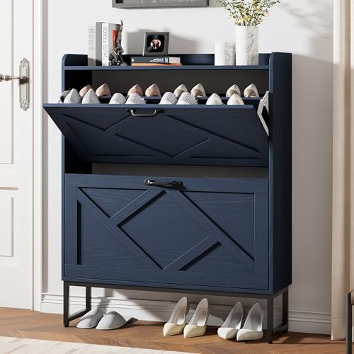 Nicetree Shoe Cabinet with 2 Flip Drawers, Narrow Shoe Storage Cabinet with Metal Legs, Freestanding Slim Shoe Organizer Cabinet for Entryway, Hallway, Foyer, Blue